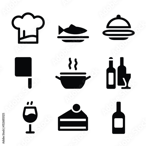 vector icons cooking food chef hat include a pizza slice, a sushi roll, spaghetti and meatballs, a curry bowl burger , fish 
