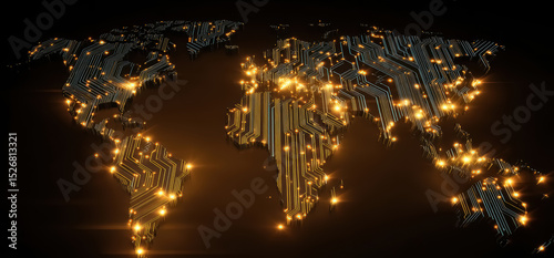 World map made of glowing electric circuits. Circuit board, technology or international logistics background. 