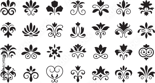 Set of vintage floral corner ornaments. Elegant baroque frame decorations in black vector for invitations, borders