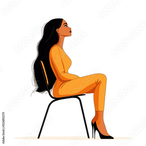 Stylish woman in vibrant orange outfit sitting on a chair