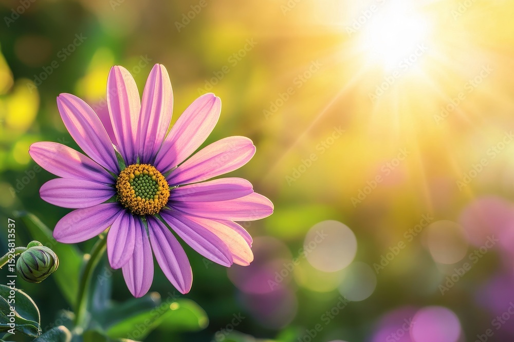Fototapeta premium Purple daisy blooming in garden illuminated by warm soft sunlight in afternoon, Purple daisy in garden under soft sunlight