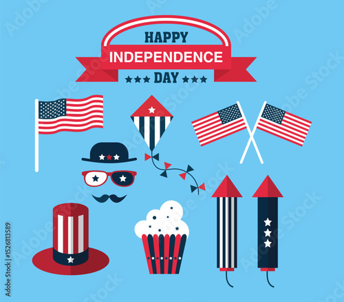 USA Independence Day icons set with flags, fireworks, hat, popcorn, kite, and patriotic elements in red, white, and blue.