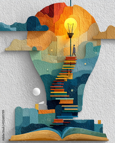 Lifelong Learning - Flat vector illustration of an open book transforming into a staircase leading to a glowing lightbulb on a white background with minimalistic shapes.