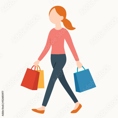 Flat Style Illustration of a Woman Walking with Shopping Bags Character Design