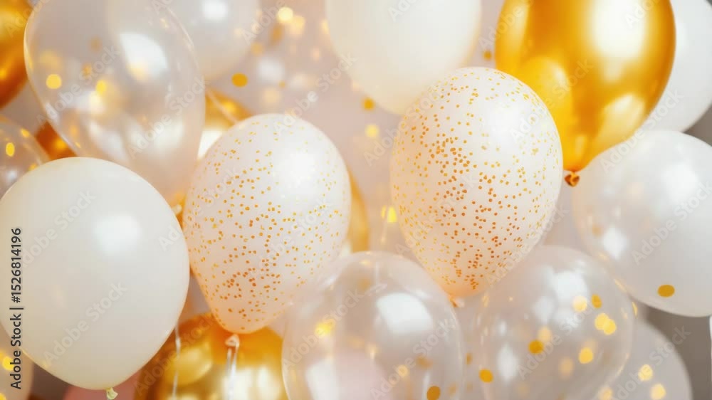 A bunch of white and gold balloons fill the air