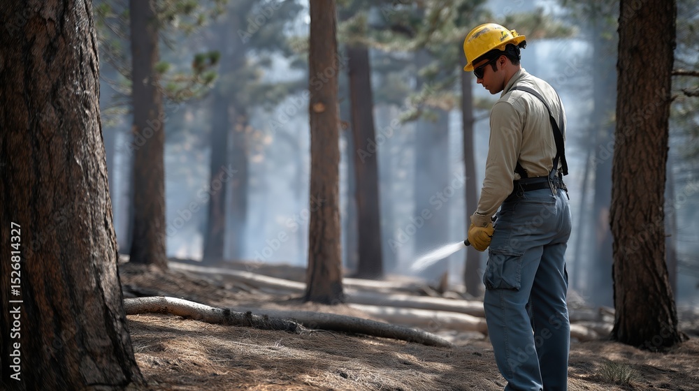 Fototapeta premium Firefighter in protective gear stands in a smoky forest, assessing the situation while holding a hose, surrounded by tall trees and a hazy atmosphere, demonstrating wildfire management efforts