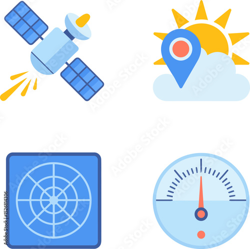 Satellite tracking icons. Global orbit, radar tracking, pin on map and thermometer scale for weather movement  