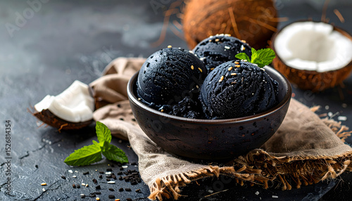 black, Sesame, Ice, Cream, balls, with, food, mint, coconuts, coconut, pieces, organic, sepia, modern, minimalism, on, solid, grey, dark, background, bowl, freshness, dessert, green, white, new, ad