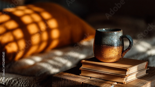 Lifelong Learning - Soft sunlight illuminating a study desk with books and a cup, creating a serene atmosphere in golden-hour tones against an empty background.