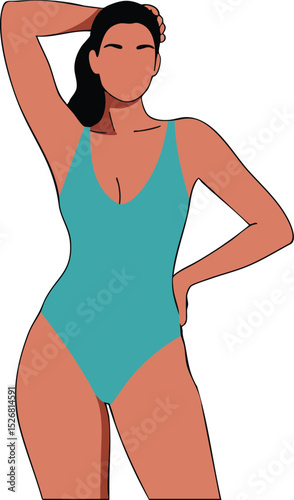 Woman posing in turquoise swimsuit vector illustration with confident posture and stylish look 