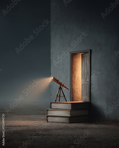 Lifelong Learning - A telescope aimed at a glowing doorway on stacked books symbolizes the pursuit of future knowledge in a surreal setting.