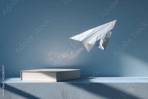 Lifelong Learning - A paper plane suspended above a closed white book, casting a diagonal shadow in natural light, creating a serene and imaginative scene.