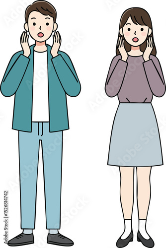 Surprised young man and woman standing with hands on cheeks in casual clothes vector illustration 