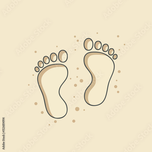 Baby footprints vector illustration in soft beige tones with scattered dots background for newborn and childhood themes 