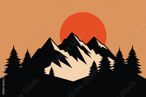 Mountain range with pine trees and a setting sun vector illustration
