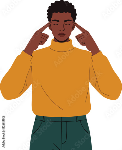 Young man concentrating with fingers on temples wearing mustard yellow sweater and green pants vector illustration 