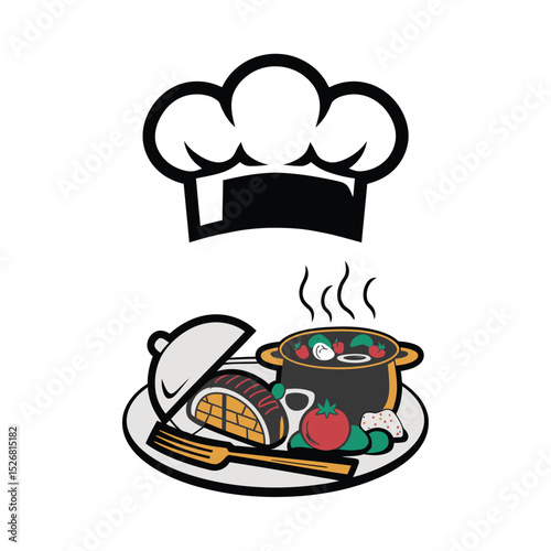 vector icons cooking food chef hat include a pizza slice, a sushi roll, spaghetti and meatballs, a curry bowl burger , fish 
