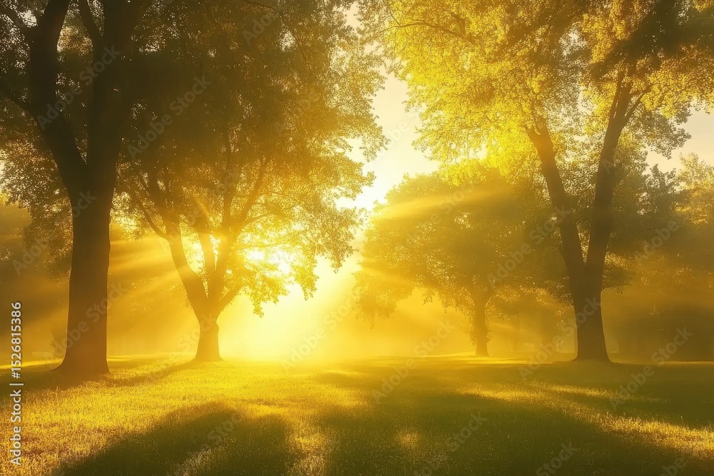 Fototapeta premium Timelapse capturing golden sunrise illuminating trees in a serene park setting, Time lapse of the trees in park at sunrise, golden sunshine and green trees