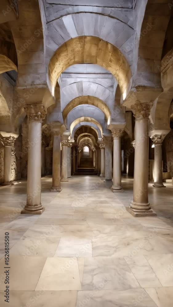 Ancient stone hallway interior with columns, arches, and light at the far end creating a historic architectural atmosphere. Ancient stone hallway interior with columns, arches, and light at the far end creating a historic architectural atmosphere.