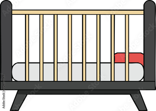 Baby crib with wooden rails and mattress in simple modern style nursery furniture vector illustration 