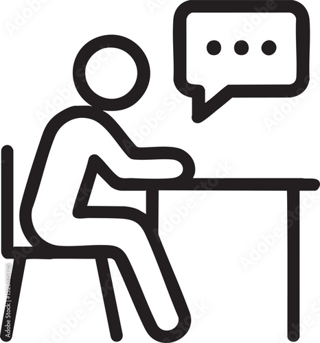 Stick Figure Sitting at Desk with Speech Bubble Icon Representing Communication and Thought Process simple