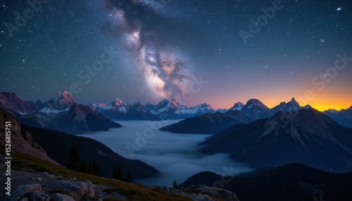 Starry night sky mountain landscape