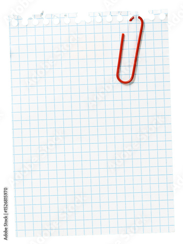 Piece of blank grid Paper note with red paper clip cut out. Mockup template Design