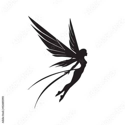 Elegant Silhouette of a Flying Fairy with Large Wings A Fantasy Illustration