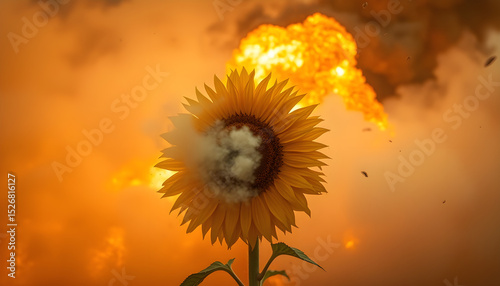 Explosive contrast sunflower amidst fiery blast outdoor scene dynamic environment dramatic viewpoint