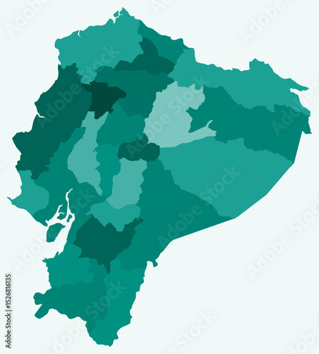 Map of Ecuador with regions. Just a simple country border map with region division. Teal color palette. Flat Ecuador shape with administrative division. Vector illustration.
