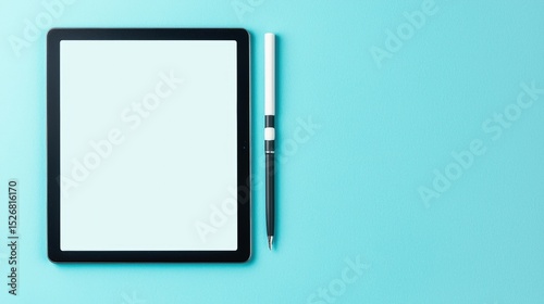 Blank tablet screen with pen on teal background.