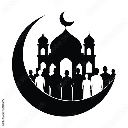 Eid prayer congregation under the crescent silhouette 