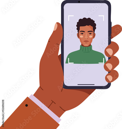 Hand holding smartphone with facial recognition technology scanning person in green sweater vector illustration 