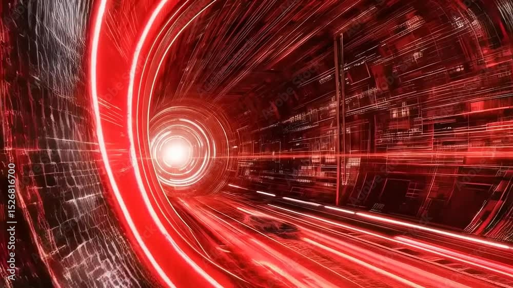 Abstract Red Technology Tunnel with Light Speed Motion Graphics Visualization
