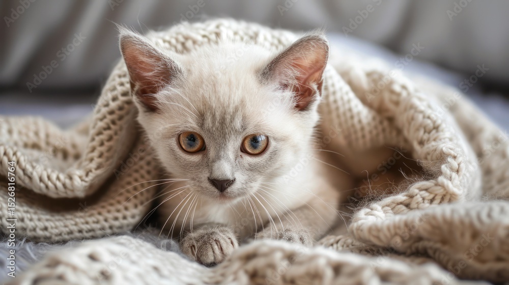 Naklejka premium Cozy Kitten Wrapped in a Soft Knitted Blanket Looking Adorable and Peaceful