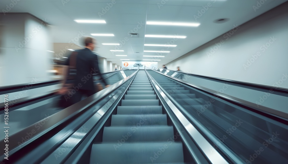 Fototapeta premium Business traveler commuting on escalator airport terminal action shot modern environment dynamic view