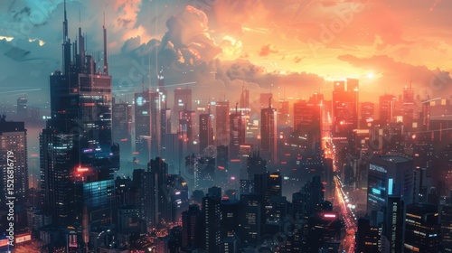 Futuristic cityscape illuminated by sunset with towering skyscrapers view