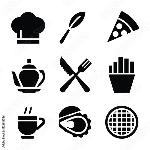 vector icons cooking food chef hat include a pizza slice, a sushi roll, spaghetti and meatballs, a curry bowl burger , fish 
