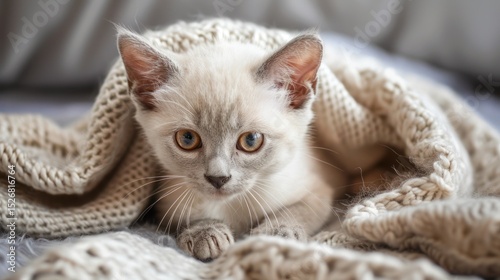 Cozy Kitten Wrapped in a Soft Knitted Blanket Looking Adorable and Peaceful