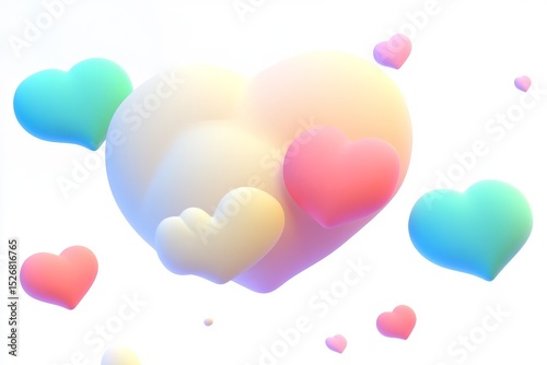 3D cartoon floating hearts in neon pink and hologram blue with ultra high definition isometric view on white background