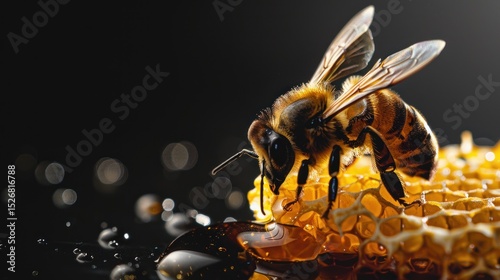 Macro shot of honeybee perched on honeycomb dripping with golden honey