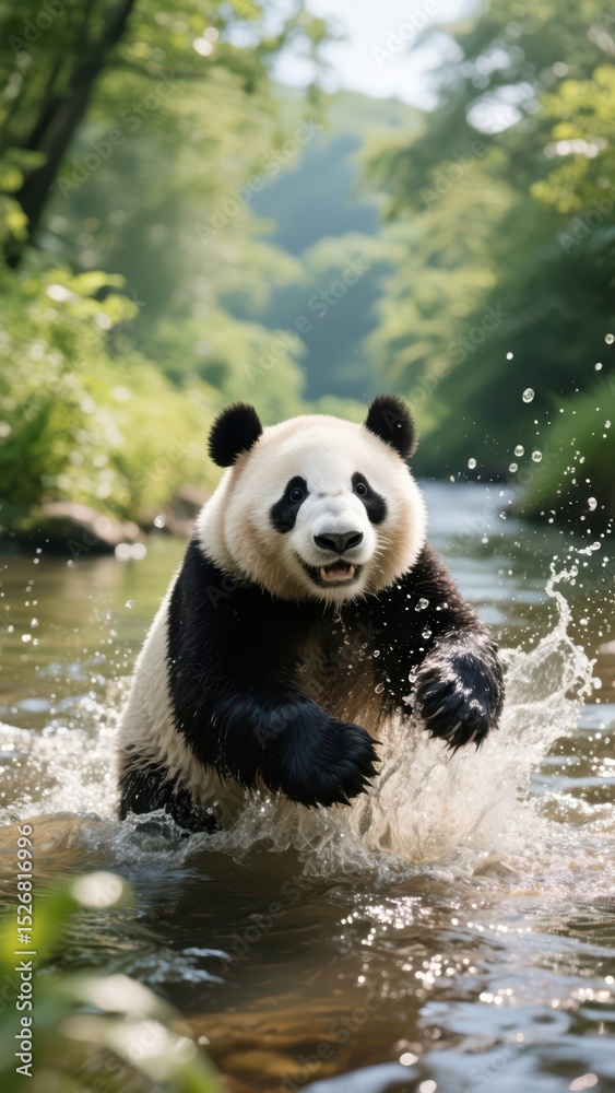 Fototapeta premium Enchanting Giant Panda Splashing Through a Clear River in a Lush Green Forest, captured in a dynamic action shot amidst the serene natural beauty .