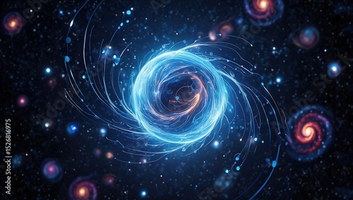 A radiant sphere of atomic energy pulses with glowing particles, set against a cosmic backdrop of stars and galaxies, symbolizing power and innovation.