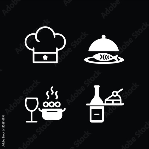 vector icons cooking food chef hat include a pizza slice, a sushi roll, spaghetti and meatballs, a curry bowl burger , fish 
