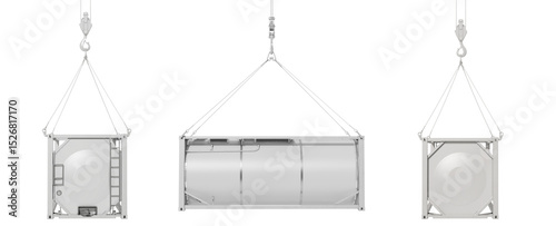 Mock up of 20-foot tank container isolated on transparent background. Set of views: the front, side, and back. 3D illustration.