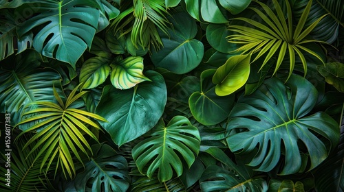 A vibrant tropical foliage backdrop featuring lush green leaves and colorful flowers