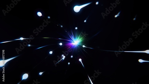 Atomic particles collide in a microscopic view, releasing neon bursts of energy with sharp geometric details, symbolizing quantum power.