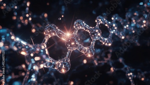 Intricate molecular structures pulse with iridescent light, forming a mesmerizing web of atomic energy in a futuristic, high-tech display.