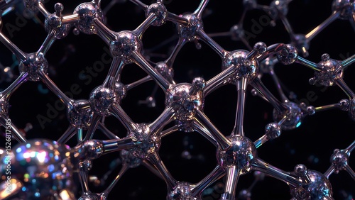 Glowing atomic bonds connect molecules in a radiant, rainbow-hued network, shimmering against a deep black background with dynamic energy.