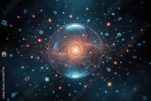 A radiant atomic power crystal glows within a transparent orb, pulsing with swirling energy waves, surrounded by floating digital symbols in a cosmic mist.